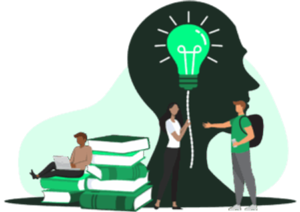 Illustration of students with books and a glowing light bulb inside a head silhouette, representing education, learning, and ideas.