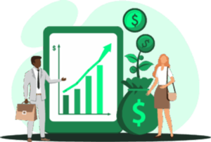 Illustration of two professionals standing beside a rising financial chart with money symbols, representing business growth and financial success.