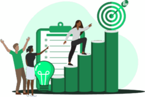 Illustration of people climbing a bar graph toward a target symbol, representing growth, achievement, and goal setting.